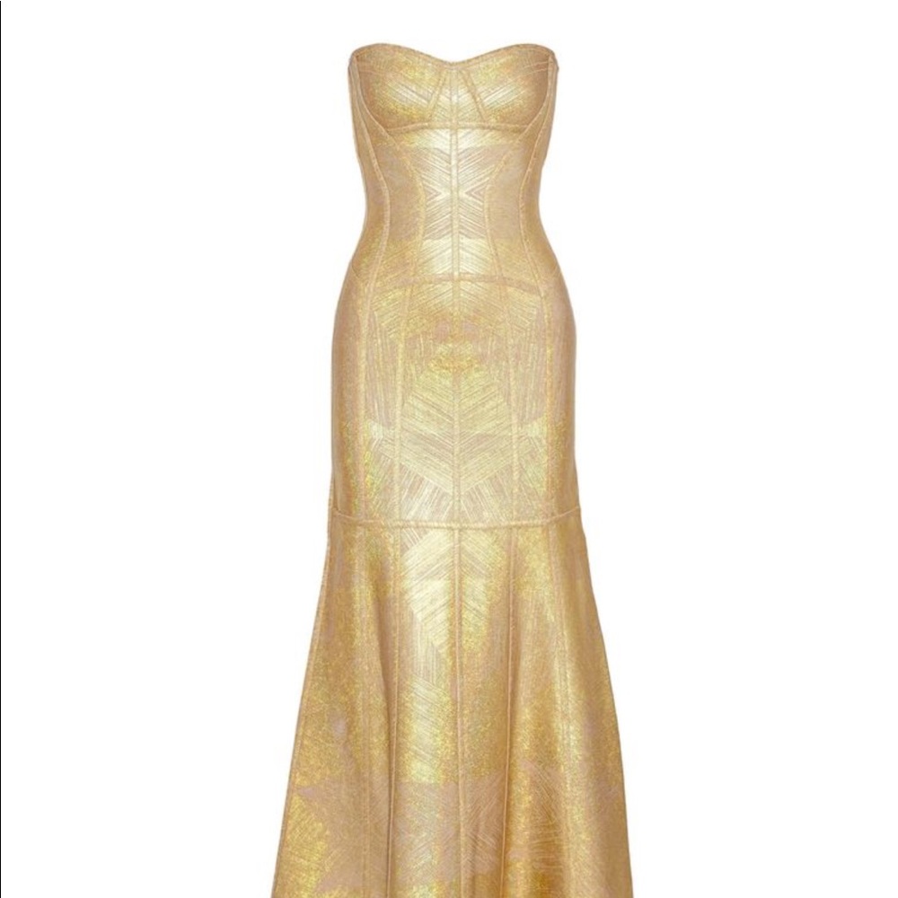 Herve Leger Merlyn strapless metallic bandage gown